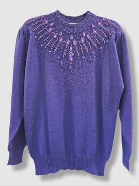 Vintage Glam Beaded Knit Sweater | Tradition Sears | Deep Purple | M-L | 1980s
